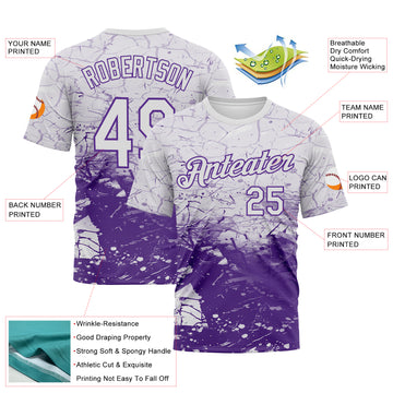 Custom White-Purple 3D Pattern Cracked Ink Grunge Jazz Style Performance T-Shirt