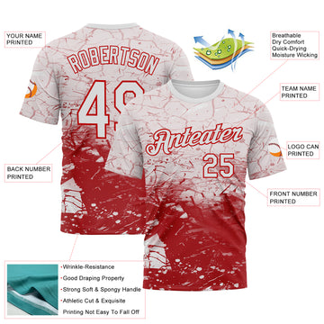 Custom White-Red 3D Pattern Cracked Ink Grunge Jazz Style Performance T-Shirt