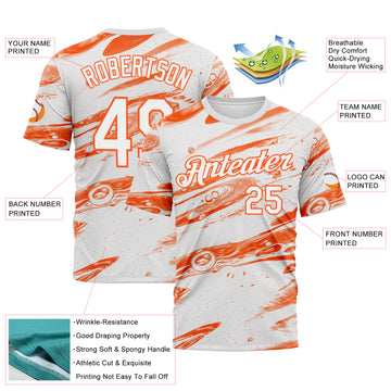 Custom White-Orange 3D Pattern Lava Splash Ink Wash Performance T-Shirt