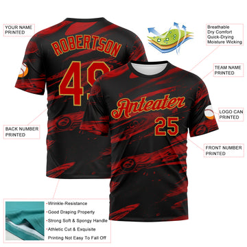 Custom Black Red-Old Gold 3D Pattern Lava Splash Ink Wash Performance T-Shirt