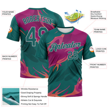Custom Teal Deep Pink-Gray 3D Pattern Flame Abstract Style Performance T-Shirt