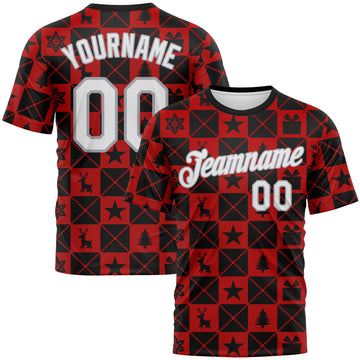 Custom Black White Red-Gray 3D Pattern Christmas Buffalo Check Performance T-Shirt