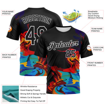 Custom Black Pink Sky Blue-White 3D Pattern Abstract Fluid Art Performance T-Shirt