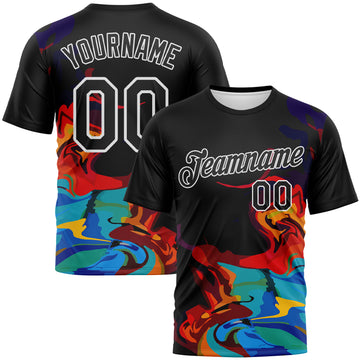 Custom Black Pink Sky Blue-White 3D Pattern Abstract Fluid Art Performance T-Shirt