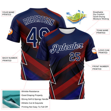 Custom Navy Red-White 3D Pattern Diagonal Stripe Lightning Bolt Performance T-Shirt