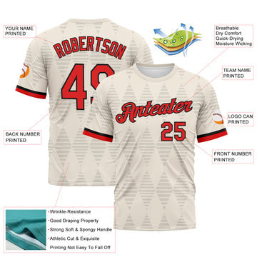 Custom Cream Fire Red-Black 3D Pattern Geometric Diamond Classic Performance T-Shirt