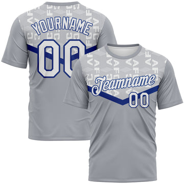 Custom Gray White-Royal 3D Pattern Geometric Letter Chevron Stripe Performance T-Shirt