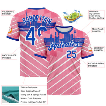 Custom Neon Pink Thunder Blue-White 3D Pattern Munich Skyline Diagonal Stripe Performance T-Shirt