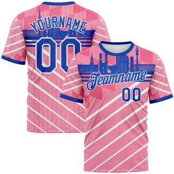 Custom Neon Pink Thunder Blue-White 3D Pattern Munich Skyline Diagonal Stripe Performance T-Shirt