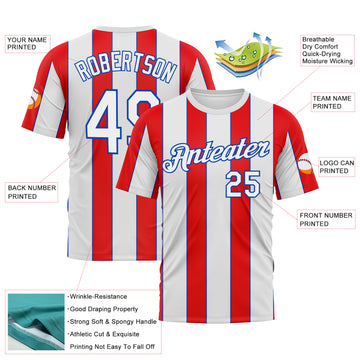 Custom White Fire Red-Thunder Blue 3D Pattern Vertical Stripe Classic Performance T-Shirt