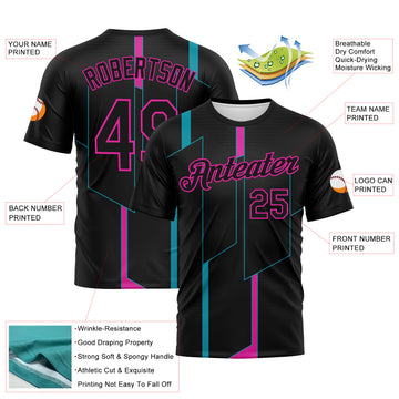 Custom Black Teal-Deep Pink 3D Pattern Geometric Performance T-Shirt
