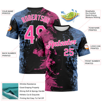 Custom Pink Black Light Blue-White 3D Pattern Ink Splash Duotono Style Performance T-Shirt