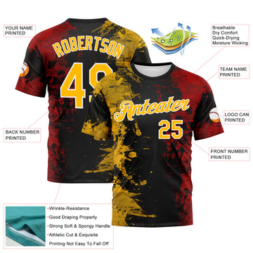 Custom Gold Black Red-White 3D Pattern Ink Splash Duotono Style Performance T-Shirt