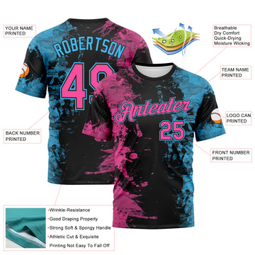 Custom Pink Black-Sky Blue 3D Pattern Ink Splash Duotono Style Performance T-Shirt