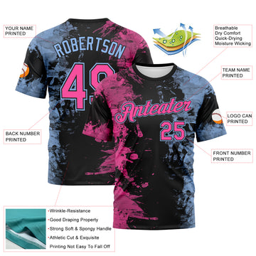 Custom Pink Black-Light Blue 3D Pattern Ink Splash Duotono Style Performance T-Shirt