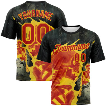 Custom Black Red-Yellow Skull Gothic Distressed Grunge Performance T-Shirt