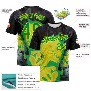 Custom Black Light Yellow-Grass Green Skull Gothic Distressed Grunge Performance T-Shirt