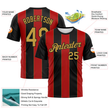Custom Black Old Gold-Red Stripe Sportswear Performance T-Shirt