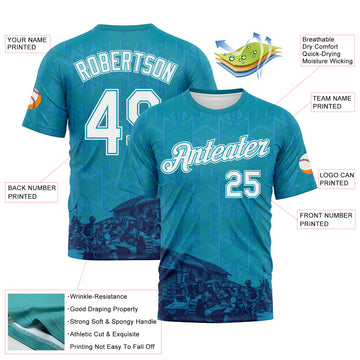 Custom Teal-White Geometric Military Vibe Performance T-Shirt