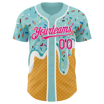Custom Ice Blue Hot Pink Yellow-White Foodie Food Dessert Melting Cream Waffle Grid Authentic Baseball Jersey