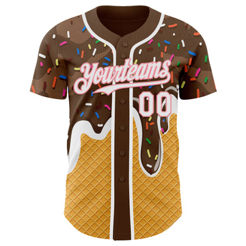 Custom Brown White Yellow-Medium Pink Foodie Food Dessert Melting Cream Waffle Grid Authentic Baseball Jersey