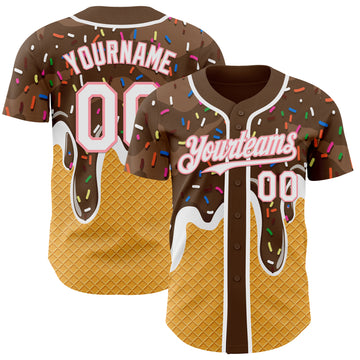 Custom Brown White Yellow-Medium Pink Foodie Food Dessert Melting Cream Waffle Grid Authentic Baseball Jersey