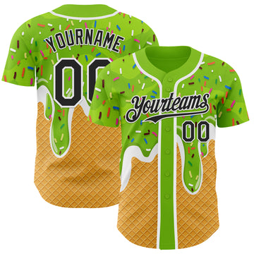 Custom Neon Green Black Yellow-White Foodie Food Dessert Melting Cream Waffle Grid Authentic Baseball Jersey