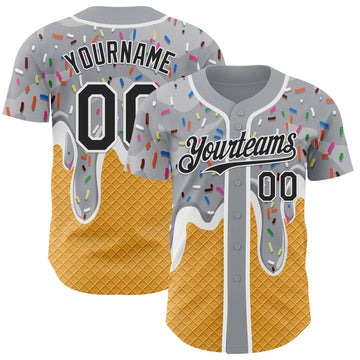 Custom Gray Black Yellow-White Foodie Food Dessert Melting Cream Waffle Grid Authentic Baseball Jersey