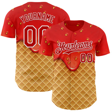 Custom Red Yellow-White Foodie Food Dessert Melting Cream Waffle Grid Authentic Baseball Jersey