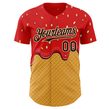 Custom Red Brown Yellow-Cream Foodie Food Dessert Melting Cream Waffle Grid Authentic Baseball Jersey