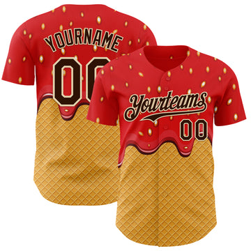 Custom Red Brown Yellow-Cream Foodie Food Dessert Melting Cream Waffle Grid Authentic Baseball Jersey