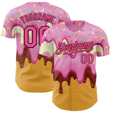 Custom Light Pink Pink Yellow-Brown Foodie Food Dessert Melting Cream Waffle Grid Authentic Baseball Jersey