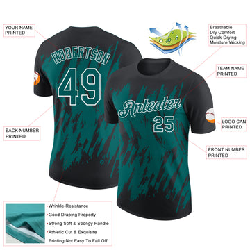 Custom Black Teal-White Torn Sharp Brush Stroke Splatter Performance T-Shirt