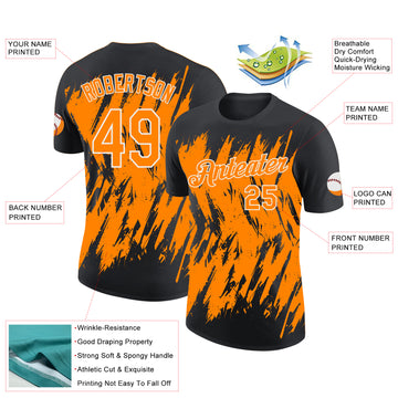 Custom Black Bay Orange-White Torn Sharp Brush Stroke Splatter Performance T-Shirt