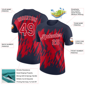 Custom Navy Red-White Torn Sharp Brush Stroke Splatter Performance T-Shirt