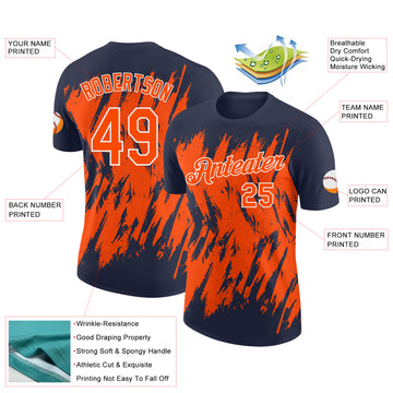 Custom Navy Orange-White Torn Sharp Brush Stroke Splatter Performance T-Shirt