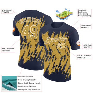 Custom Navy Old Gold-White Torn Sharp Brush Stroke Splatter Performance T-Shirt