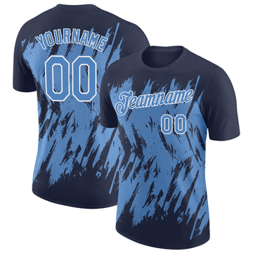 Custom Navy Light Blue-White Torn Sharp Brush Stroke Splatter Performance T-Shirt