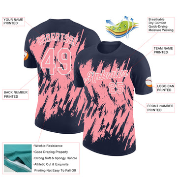 Custom Navy Medium Pink-White Torn Sharp Brush Stroke Splatter Performance T-Shirt