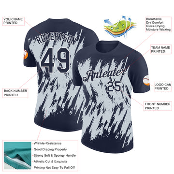 Custom Navy Silver-White Torn Sharp Brush Stroke Splatter Performance T-Shirt
