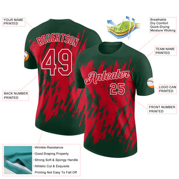 Custom Green Red-White Torn Sharp Brush Stroke Splatter Performance T-Shirt
