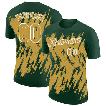 Custom Green Old Gold-White Torn Sharp Brush Stroke Splatter Performance T-Shirt