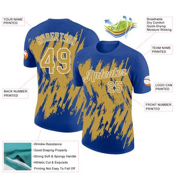 Custom Royal Old Gold-White Torn Sharp Brush Stroke Splatter Performance T-Shirt