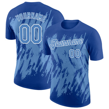 Custom Royal Light Blue-White Torn Sharp Brush Stroke Splatter Performance T-Shirt