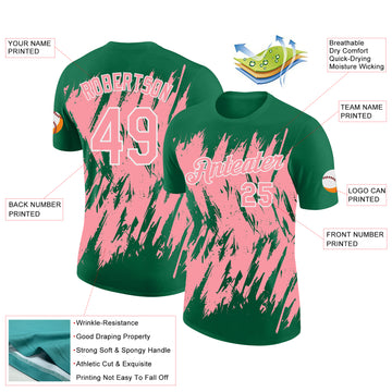 Custom Kelly Green Medium Pink-White Torn Sharp Brush Stroke Splatter Performance T-Shirt