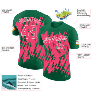 Custom Kelly Green Neon Pink-White Torn Sharp Brush Stroke Splatter Performance T-Shirt
