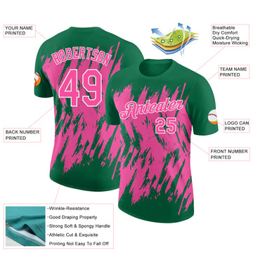 Custom Kelly Green Pink-White Torn Sharp Brush Stroke Splatter Performance T-Shirt