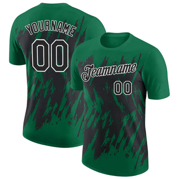 Custom Kelly Green Black-White Torn Sharp Brush Stroke Splatter Performance T-Shirt