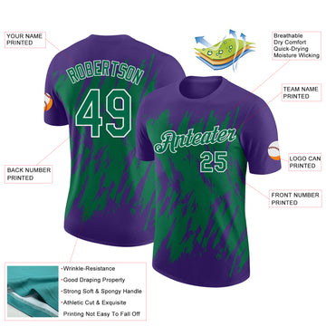 Custom Purple Kelly Green-White Torn Sharp Brush Stroke Splatter Performance T-Shirt