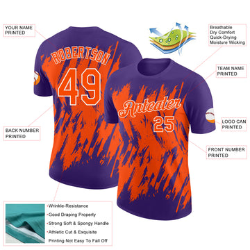 Custom Purple Orange-White Torn Sharp Brush Stroke Splatter Performance T-Shirt